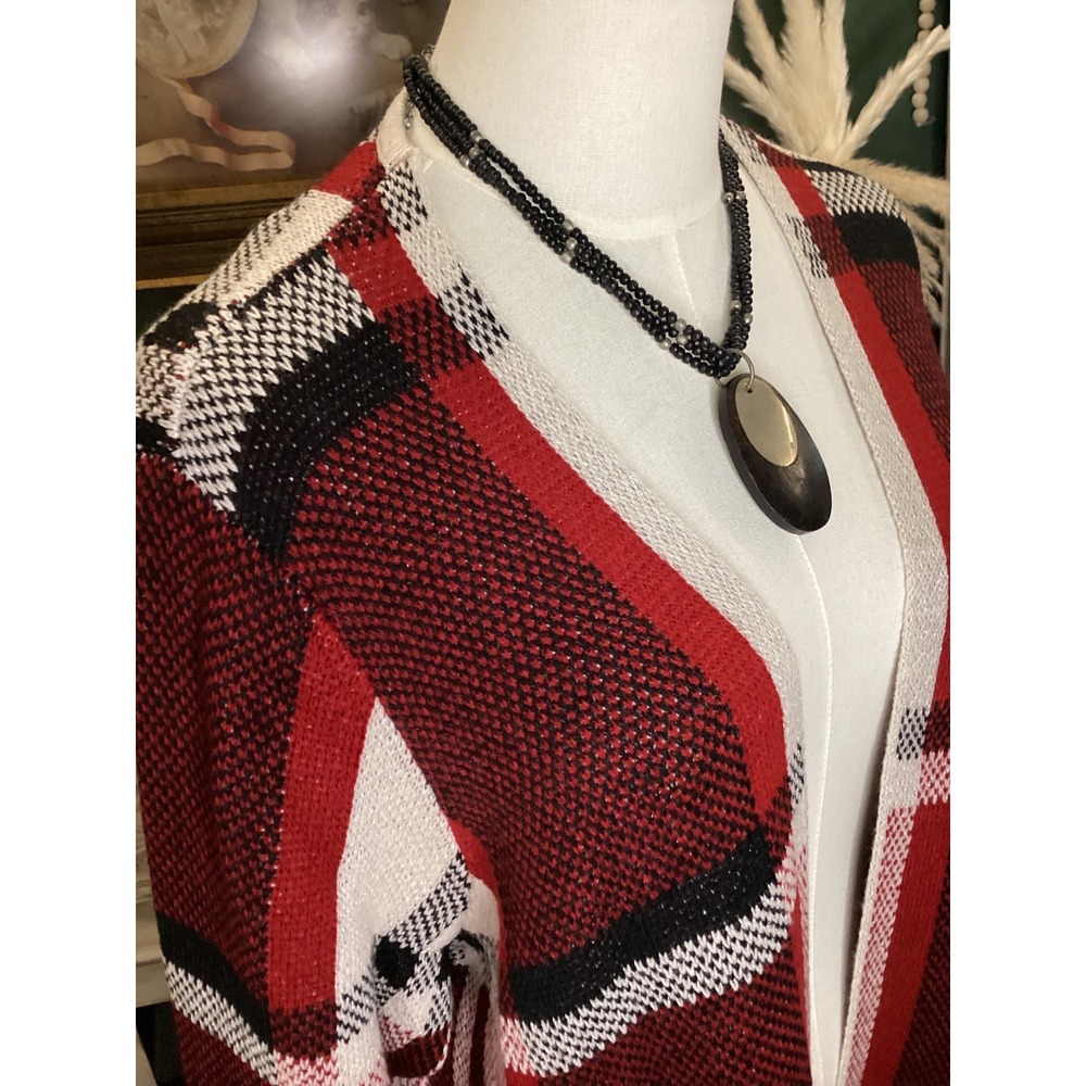 I.N. Studio Woman Red Black White Plaid Longline Cardigan Duster 1X NWT - Picture 2 of 6